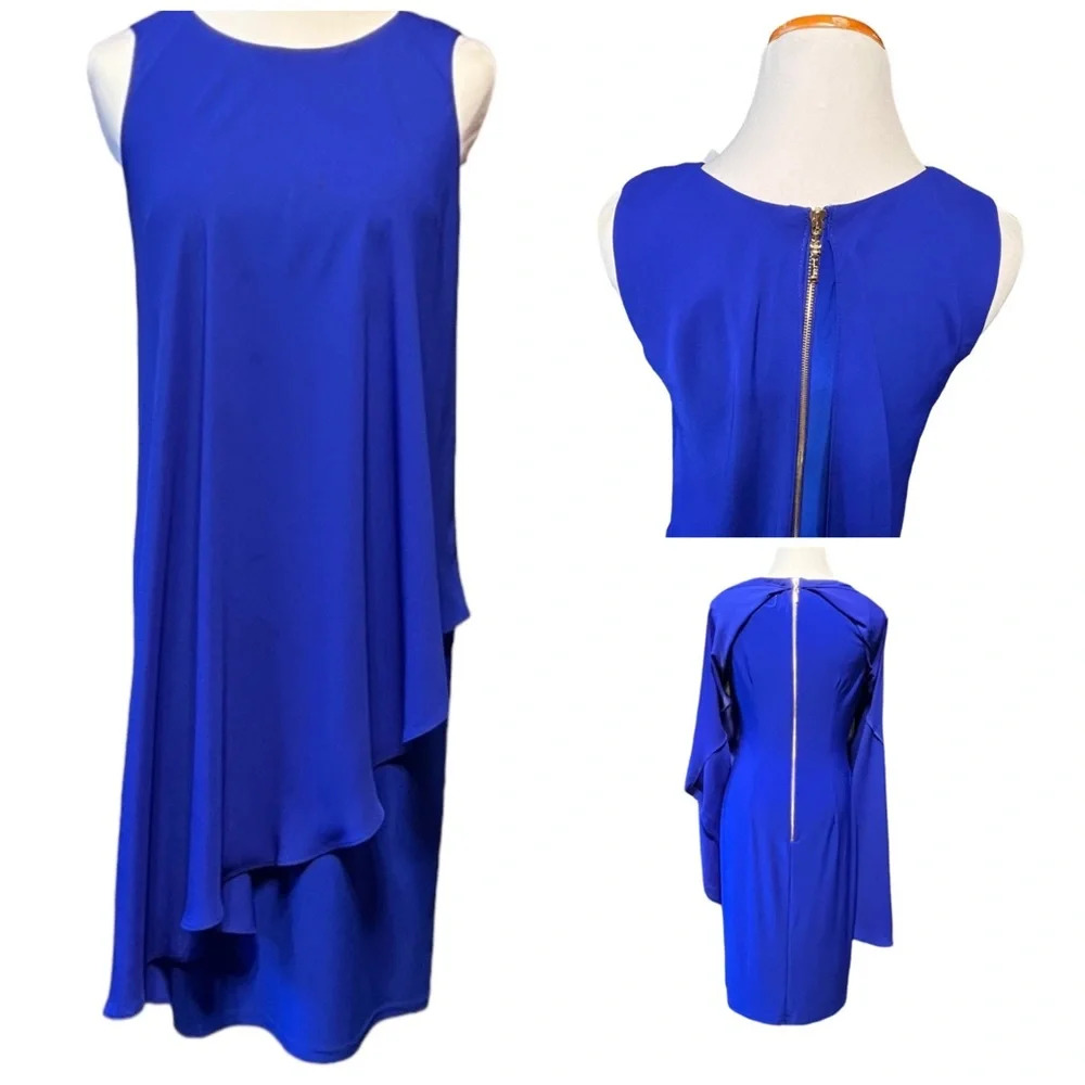 Joseph Ribkoff Cobalt Blue Sheath Dress with Chiffon Overlay - Picture 2 of 10
